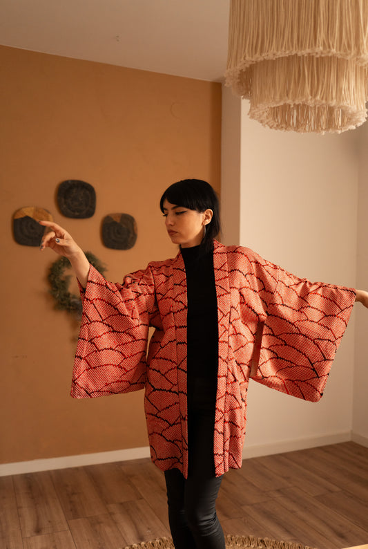 Red Shibori Haori with Seigaiha Wave