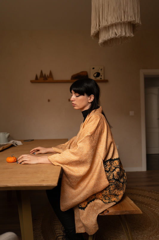 Golden Shibori Haori with Floral Motif