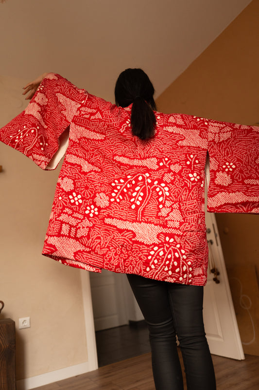Vibrant Red Shibori Haori with Playful Lining