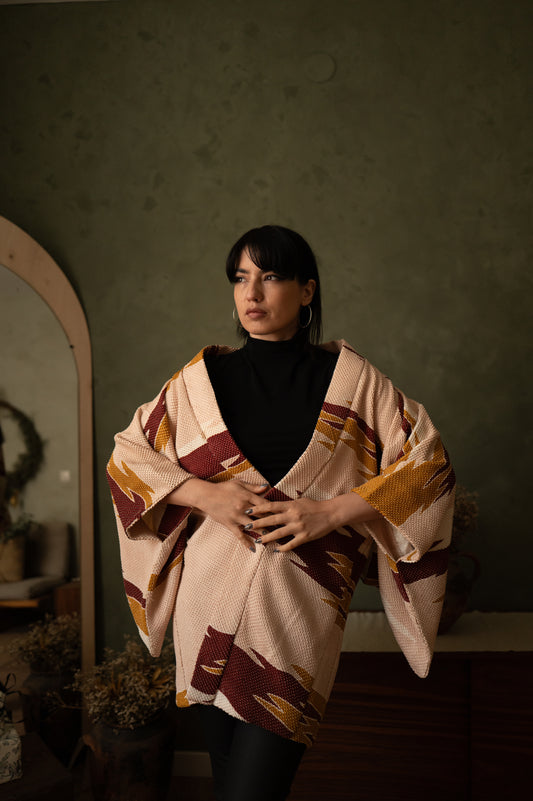 Peach Shibori Haori with Bold Brushstroke Motif