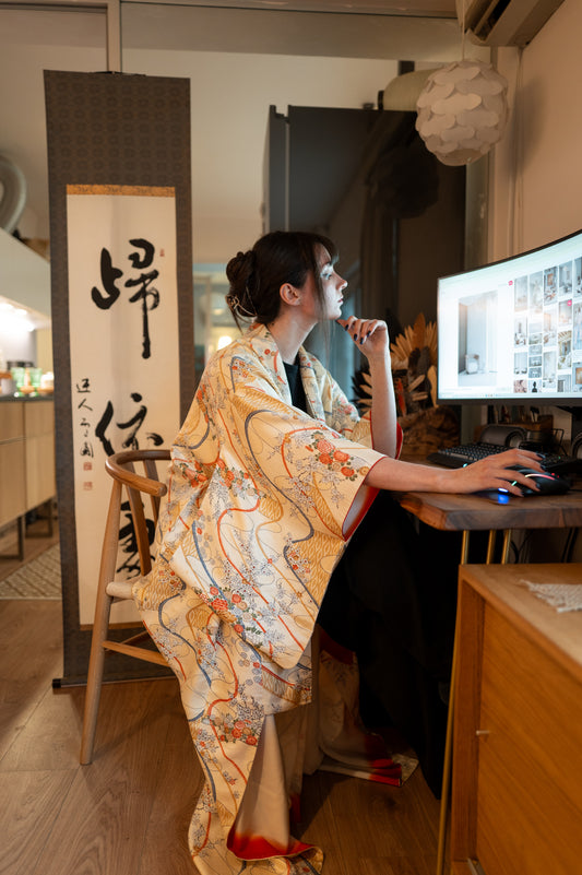 Vintage Kimono in Ivory with Golden Botanicals