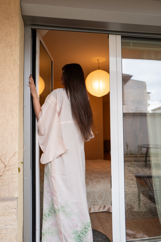 Vintage Sheer Pink Kimono with Hand-Painted Floral Design