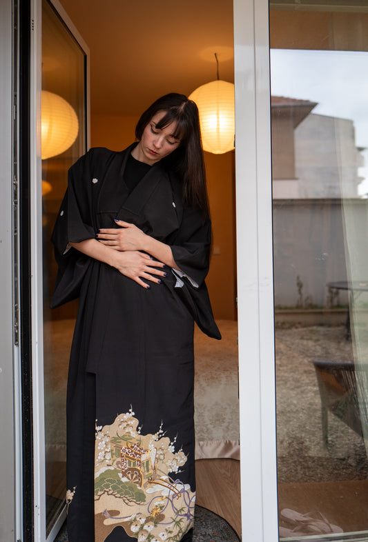 Vintage Kimono in Black with Hand-drawn Japanese Garden
