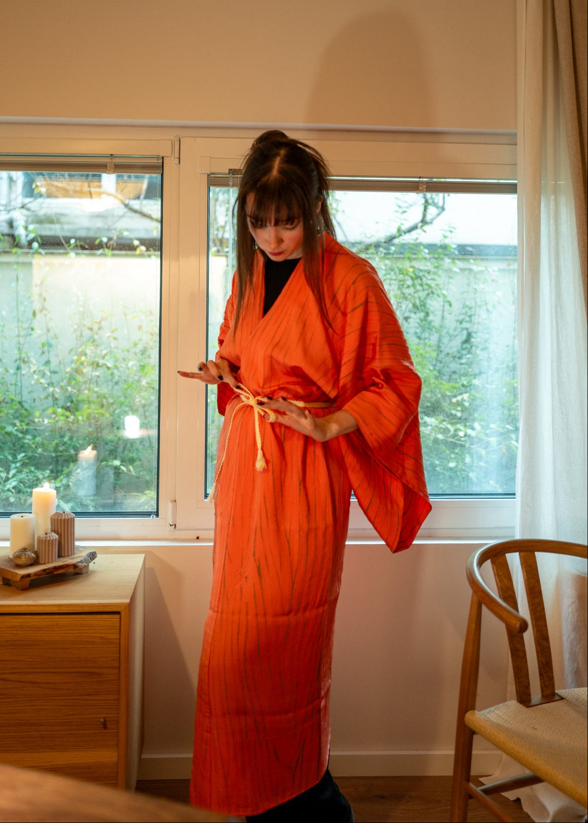 Винтидж нагаджубан в коралово-оранжево с текстуриран мотив