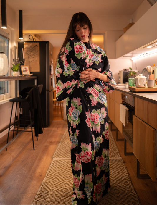 Vintage Floral Yukata in Black with Pink and Blue Peonies