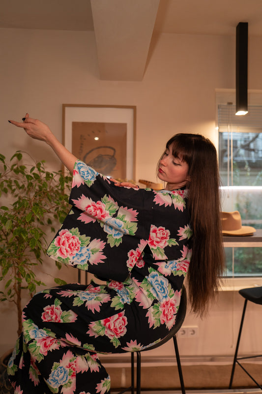 Vintage Floral Yukata in Black with Pink and Blue Peonies