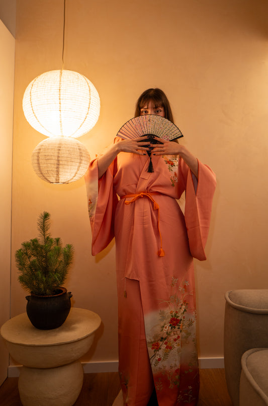 Vintage Kimono in Blush Pink with Hand-drawn Flowers