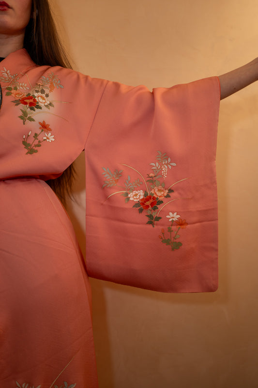 Vintage Kimono in Blush Pink with Hand-drawn Flowers
