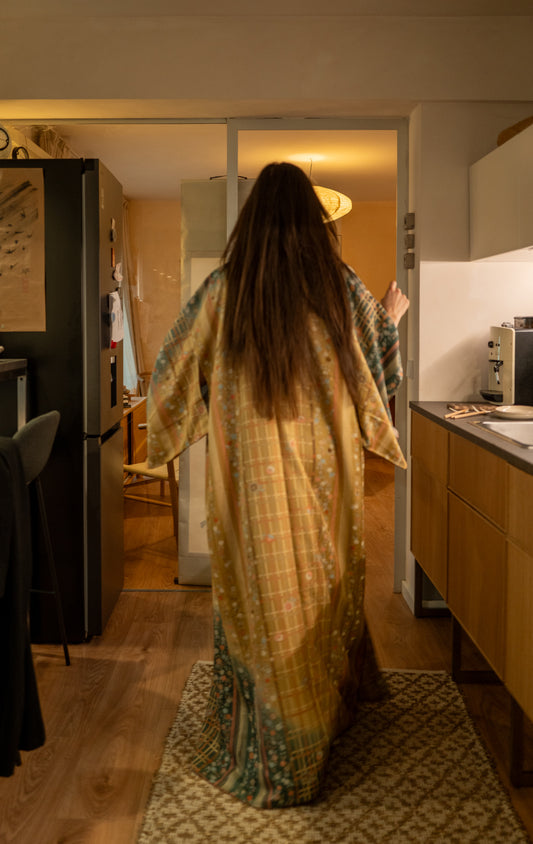 Vintage Kimono in Golden Meadow with Teal & Coral Botanicals