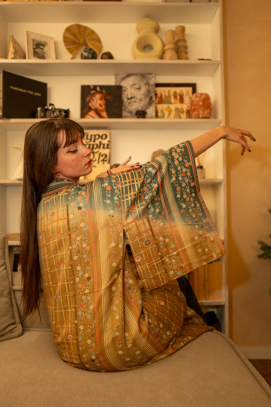 Vintage Kimono in Golden Meadow with Teal & Coral Botanicals