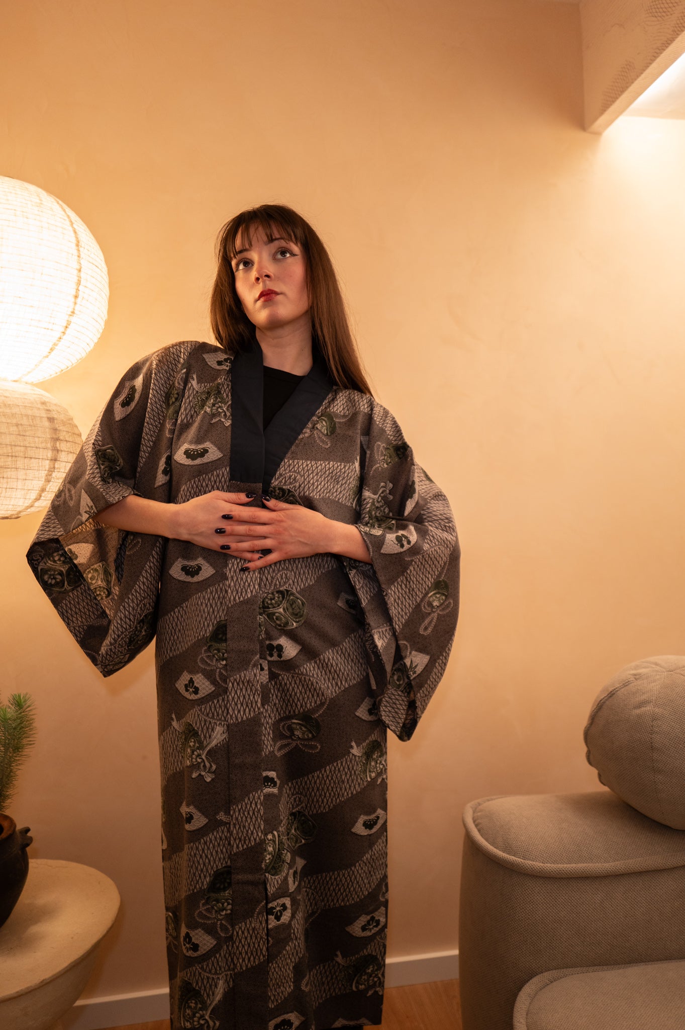 Vintage Charcoal Grey Nagajuban with Green Fan & Bell Motifs