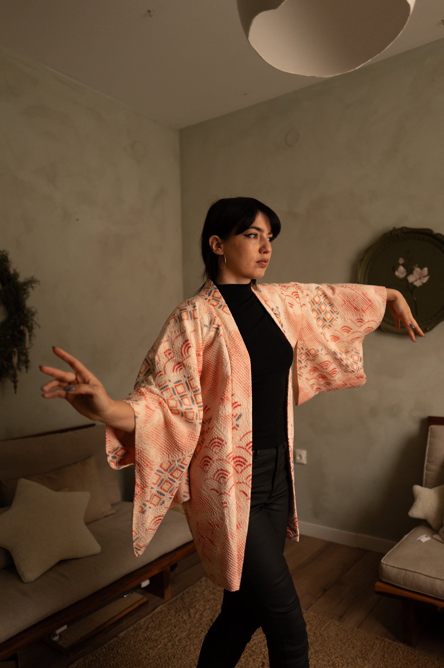 Прасковен руж и индиго Shibori Haori с мотиви Asanoha и Seigaiha