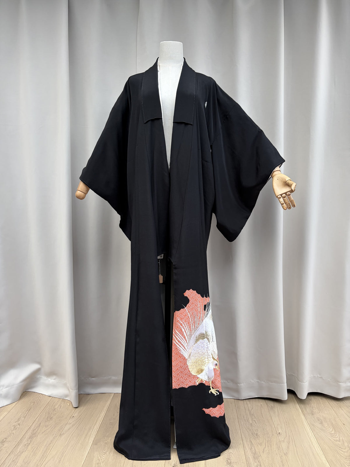 Black formal vintage kimono with woven peacocks, front view