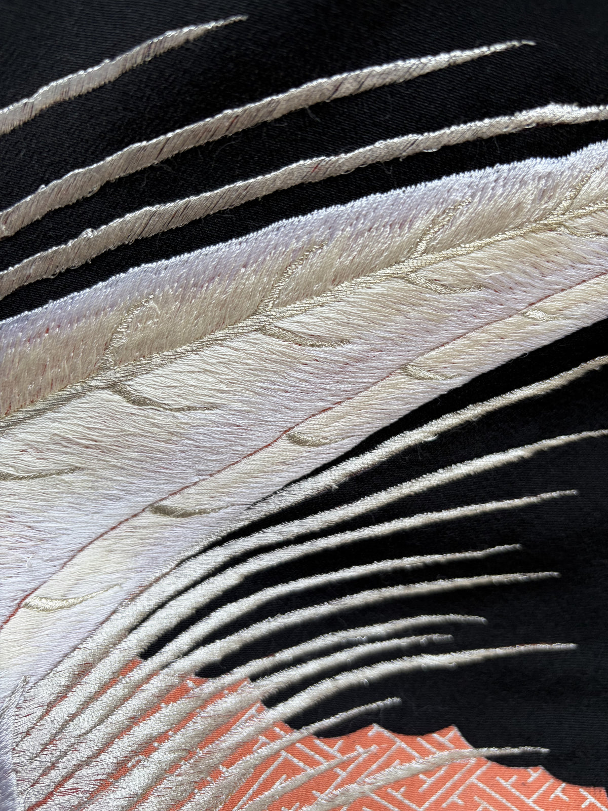 Close up of the embroidered tail feathers