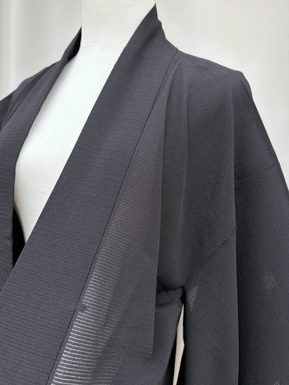 Collar and front panel of the black semi-sheer haori
