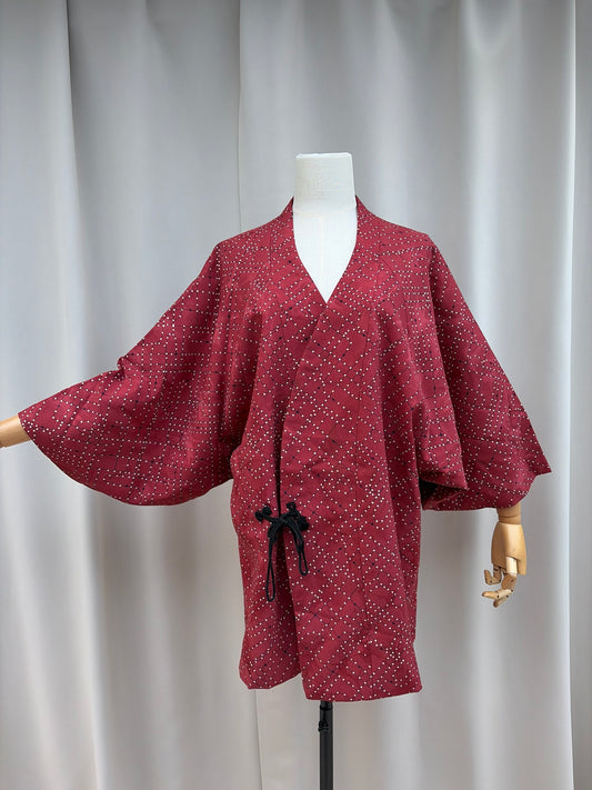Vintage wine red douchugi haori coat with black and white dotted lattice pattern and a black cord tie