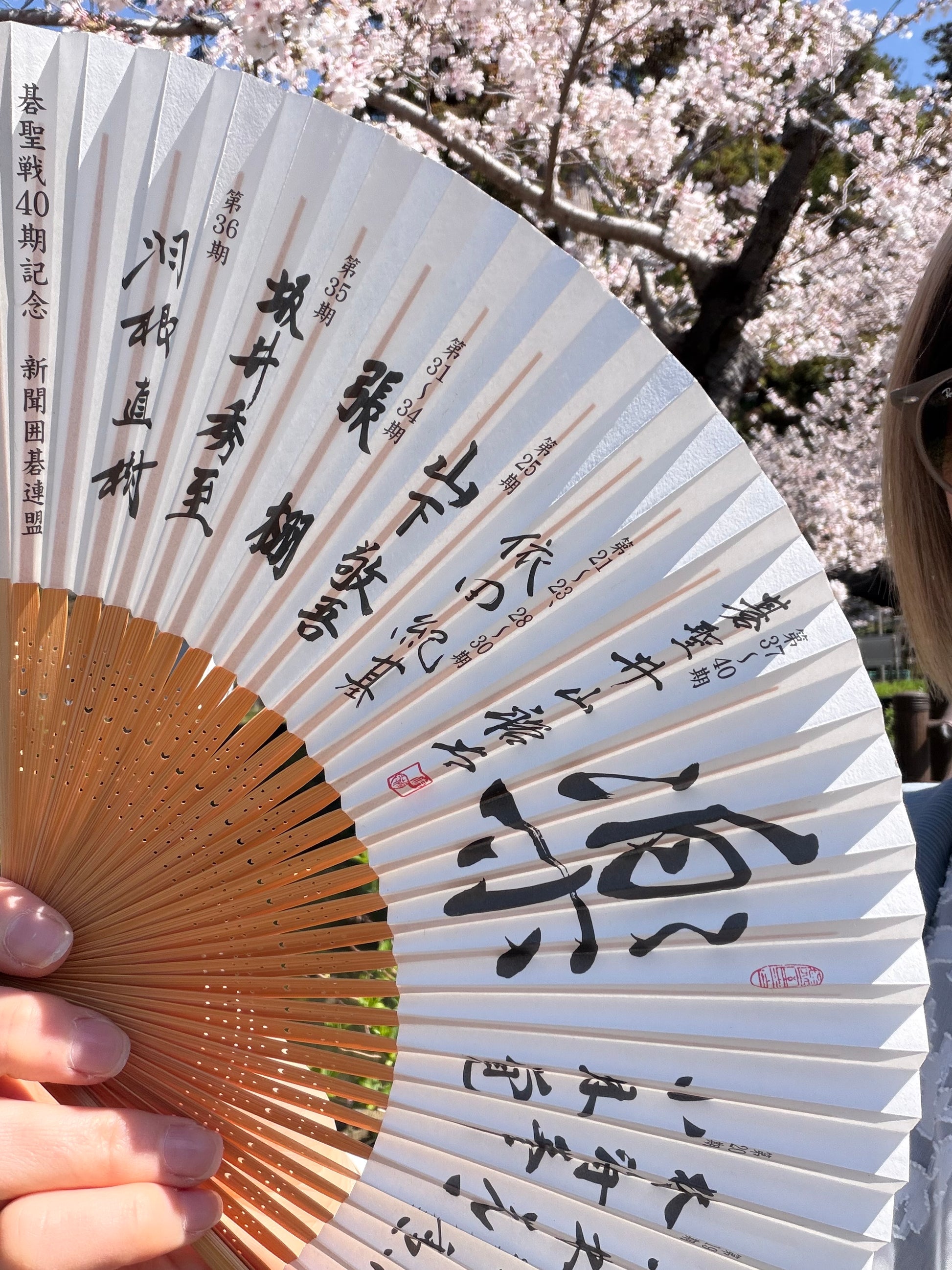 Close-up of the calligraphy, champions' names and red seals on the commemorative Go fan