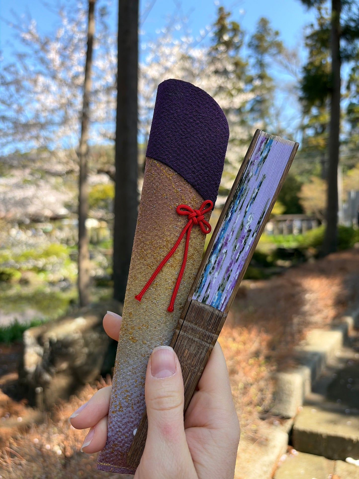 Hydrangea silk folding fan, open view