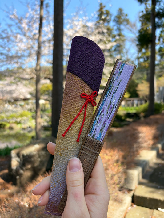 Hydrangea silk folding fan, open view