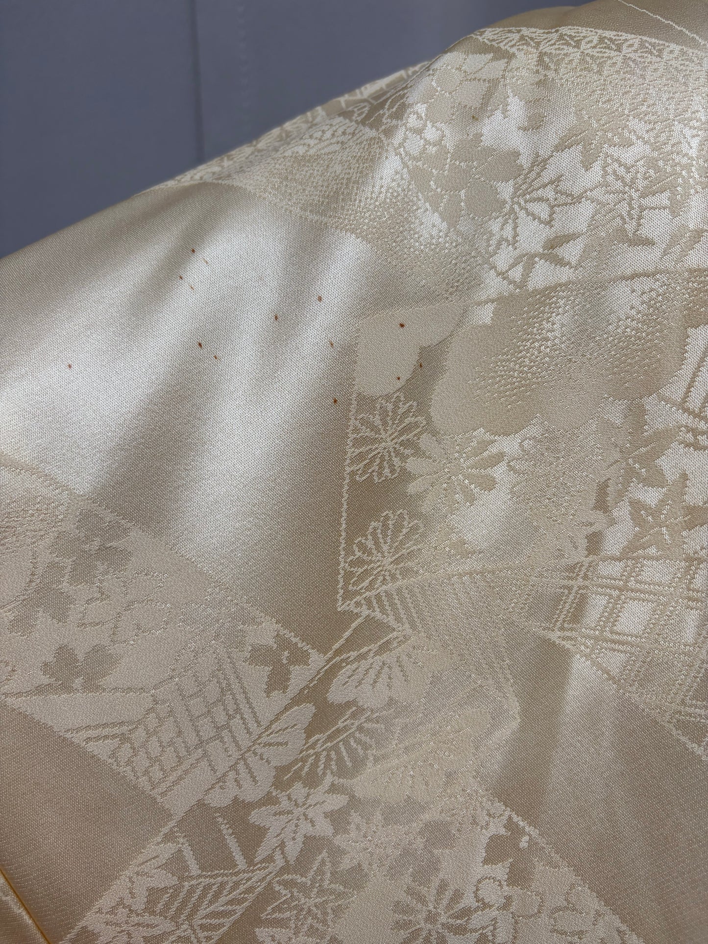 Vintage cream silk furisode with butterflies, chrysanthemums, waves and gold embroidery