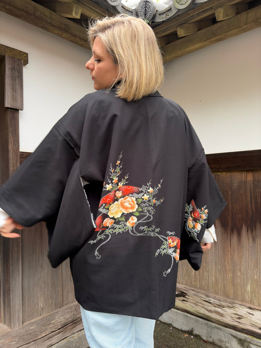 Vintage Black Haori with Hand-Painted Fan and Peony Motif