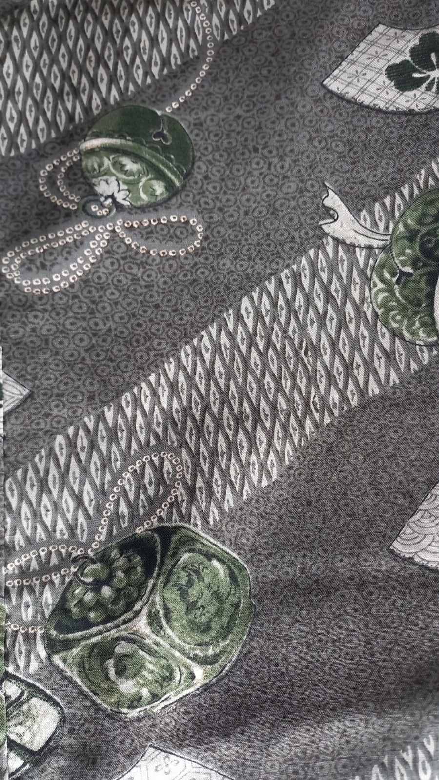 Vintage Charcoal Grey Nagajuban with Green Fan & Bell Motifs