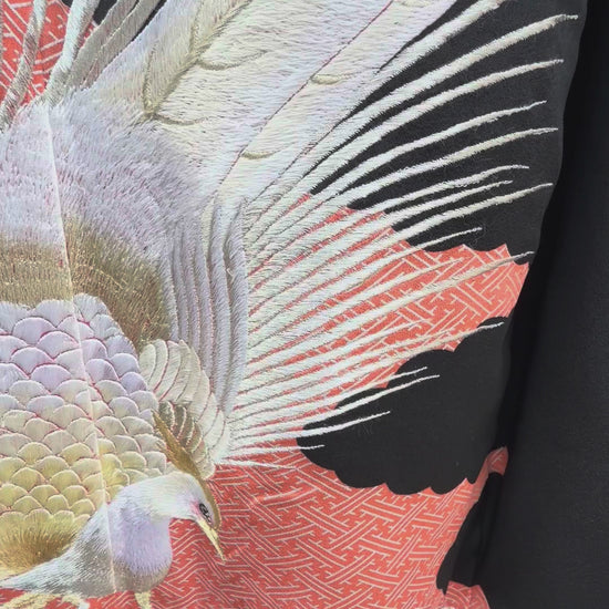 Video of the black formal vintage kimono with woven peacocks
