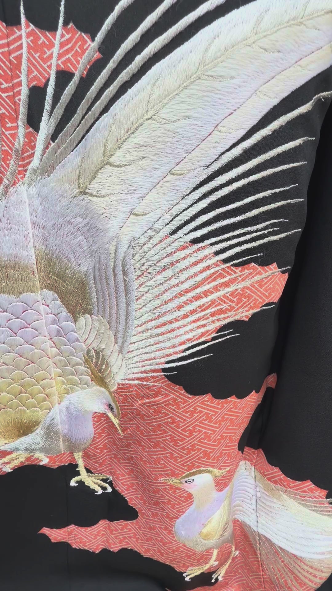 Video of the black formal vintage kimono with woven peacocks